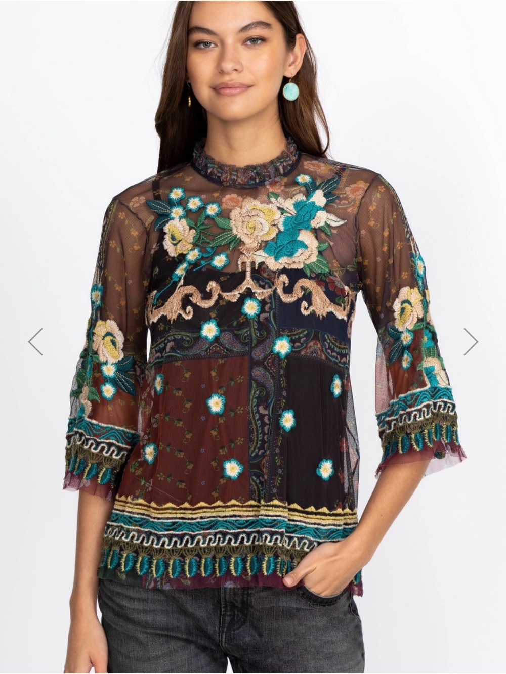 Johnny Was Renley Floral-Embroidered Mesh Blouse